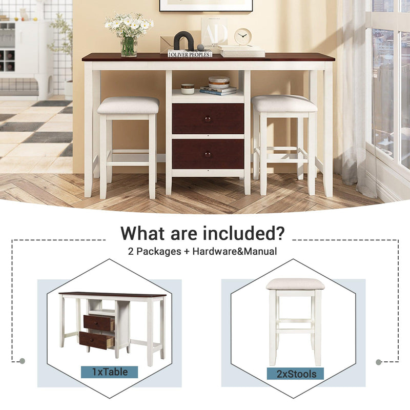 Farmhouse Rustic 3-piece Counter Height Wood Dining Table Set with 2Storage Drawers and 2 Stools for Small Places, White and Brown - Urban Living Furniture (Los Angeles, CA)