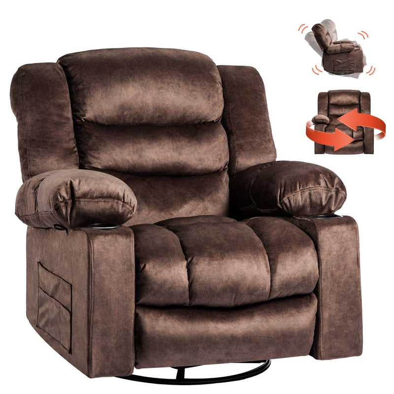 36.6" Wide Velvet Manual Swivel Rocker Heating Massage Recliner Chair with Cupholders