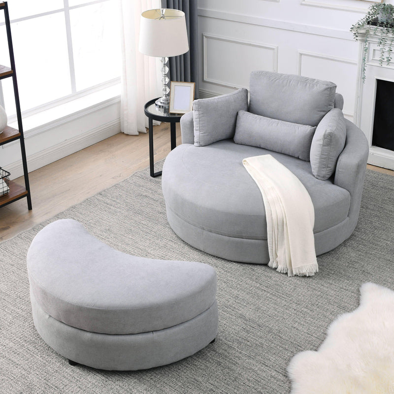 Swivel Accent BarrelModern Grey Sofa Lounge Club Big Round Chair withStorage Ottoman Linen Fabric for Living Room Hotel with Pillows - Urban Living Furniture (Los Angeles, CA)