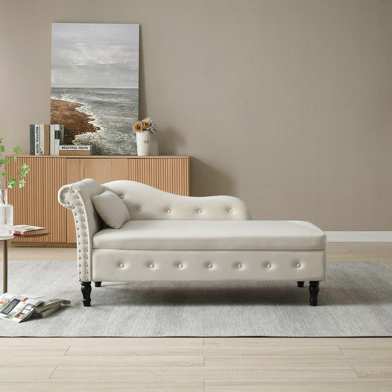 60" Velvet MultifunctionalStorage Chaise Lounge Buttons Tufted Nailhead Trimmed Solid Wood Legs with 1 Pillow ,Beige