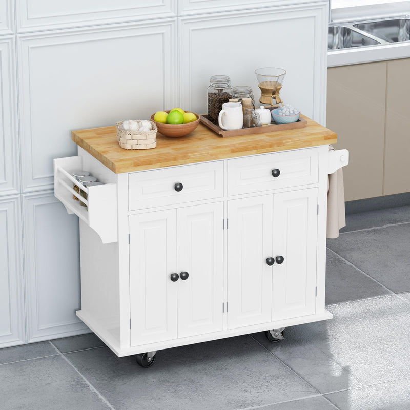 Kitchen Island Cart with TwoStorage Cabinets and Two Locking Wheels，43.31 Inch Width，4 Door Cabinet and Two Drawers，Spice Rack, Towel Rack （White） - Urban Living Furniture (Los Angeles, CA)