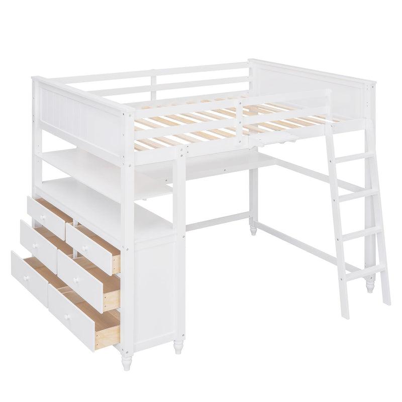 Full size Loft Bed with Drawers and Desk, Wooden Loft Bed with Shelves - White - Urban Living Furniture (Los Angeles, CA)