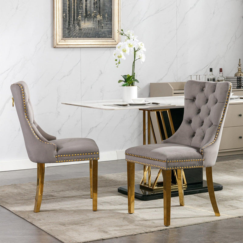 Nikki CollectionModern, High-end Tufted Solid Wood Contemporary Velvet Upholstered Dining Chair with Golden Stainless Steel Plating Legs,Nailhead Trim,Set of 2,Gray and Gold, SW1601GY - Urban Living Furniture (Los Angeles, CA)