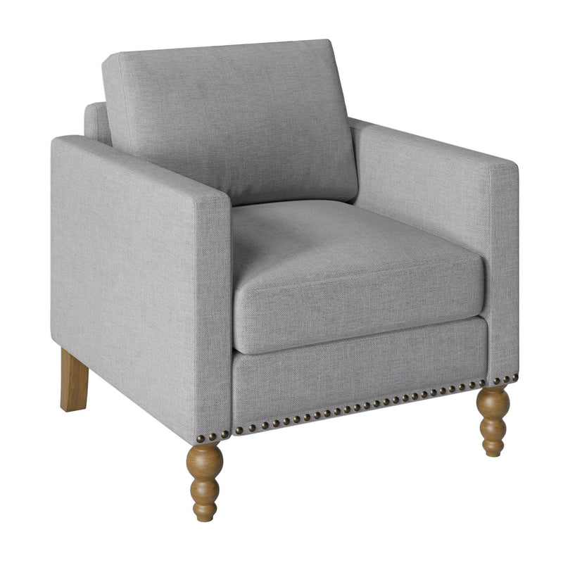 Classic Linen Armchair Accent Chair with Bronze Nailhead Trim Wooden Legs Single Sofa Couch for Living Room, Bedroom, Balcony, Light Gray