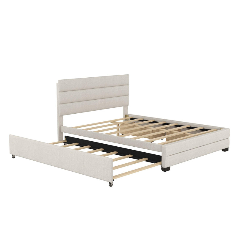 Queen Upholstered Platform Bed with Twin Size Trundle and Two Drawers, Beige - Urban Living Furniture (Los Angeles, CA)