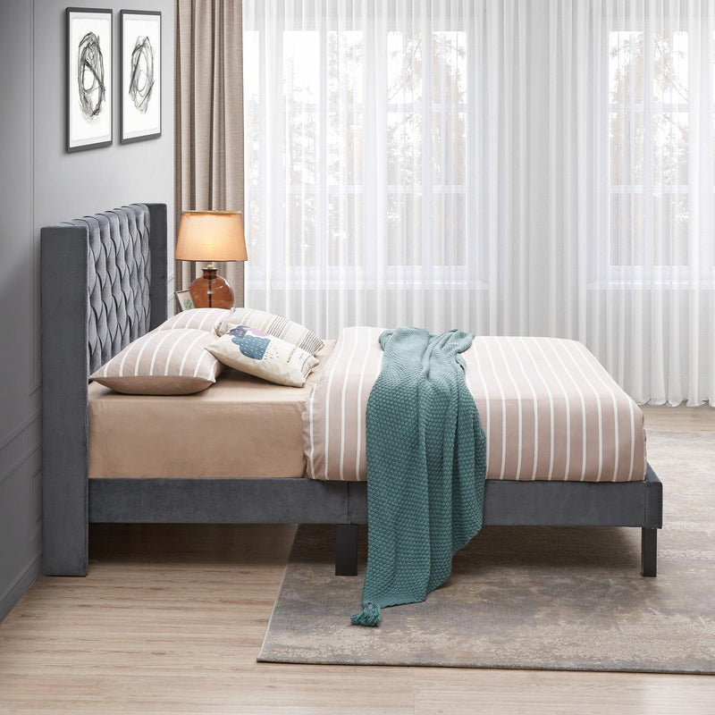 Velvet Button Tufted-Upholstered Bed with Wings Design - Strong Wood Slat Support - Easy Assembly - Gray, Queen, platform bed - Urban Living Furniture (Los Angeles, CA)