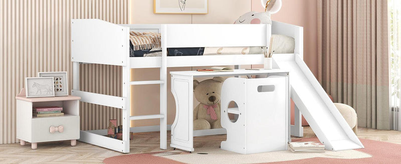 Low Study Twin Loft Bed with Rolling Portable Desk and Chair,Multiple Functions Bed- White - Urban Living Furniture (Los Angeles, CA)