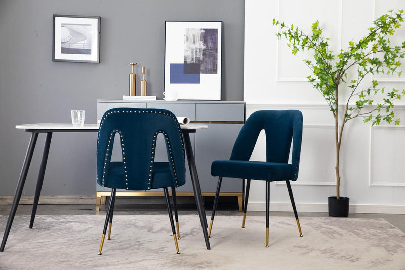 Akoya CollectionModern | Contemporary Velvet Upholstered Dining Chair with Nailheads and Gold Tipped Black Metal Legs,Blue,Set of 2 - Urban Living Furniture (Los Angeles, CA)