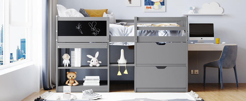 Twin Size Low Loft Bed with Rolling Desk, Shelf and Drawers - Gray - Urban Living Furniture (Los Angeles, CA)