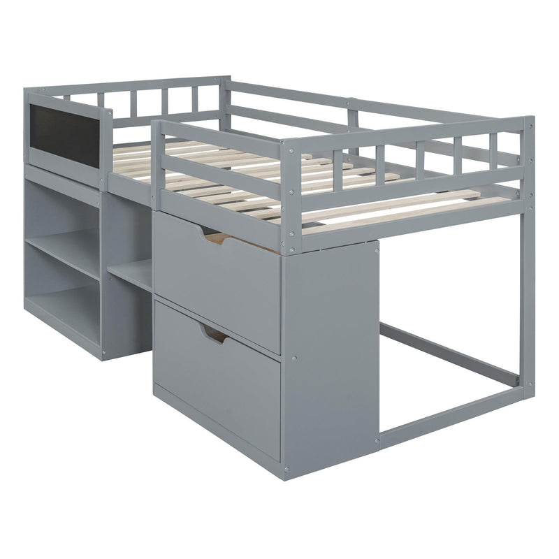 Twin Size Low Loft Bed with Rolling Desk, Shelf and Drawers - Gray - Urban Living Furniture (Los Angeles, CA)