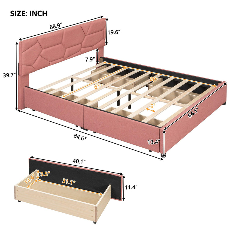 Queen Size Upholstered Platform Bed with Brick Pattern Heardboard and 4 Drawers, Linen Fabric, Pink - Urban Living Furniture (Los Angeles, CA)