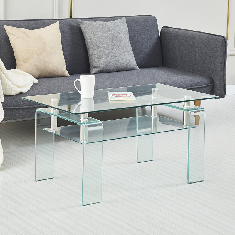 Rectangle Clear Glass Coffee Table,Modern Glass Coffee Table for Living Room, 2-TierStorage Center Coffee Table,Tempered Glass Tea Table