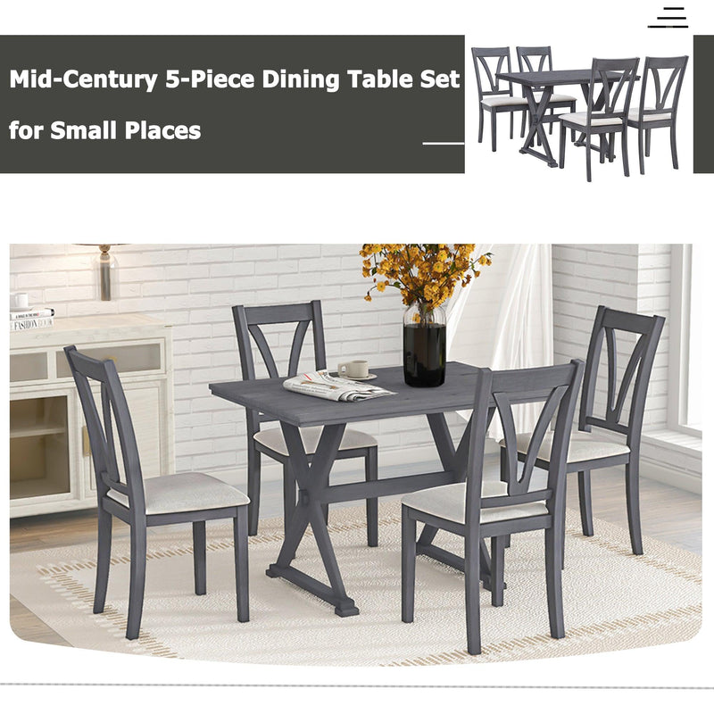 Mid-Century Wood 5-Piece Dining Table Set with 4 Upholstered Dining Chairs for Small Places, Antique Grey - Urban Living Furniture (Los Angeles, CA)