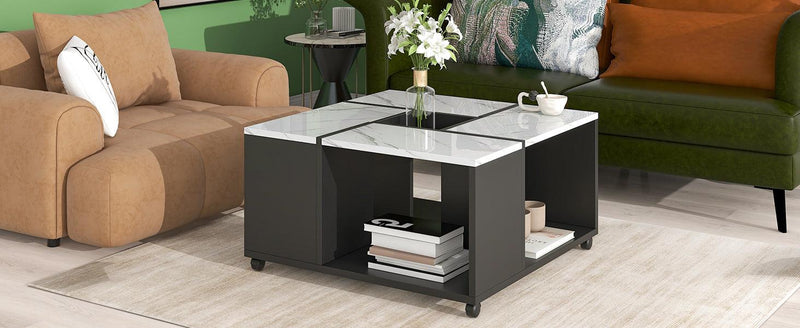 Modern 2-layer Coffee Table with Casters, Square Cocktail Table with Removable Tray，UV High-gloss Marble Design Center Table for Living Room，31.4”x 31.4”
