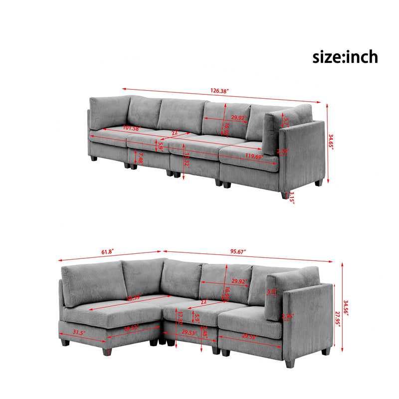 Modern Dark Gray Convertible L Shape Sofa Corduroy Fabric Comfortable Multi-person Combination Living Room Sofa Furniture