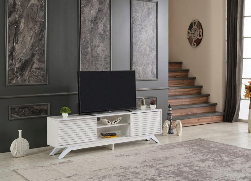 Luxia Mid CenturyModern Tv Stand 2 Sliding Door Cabinet 2 Shelves 67 inch Tv Uni, White