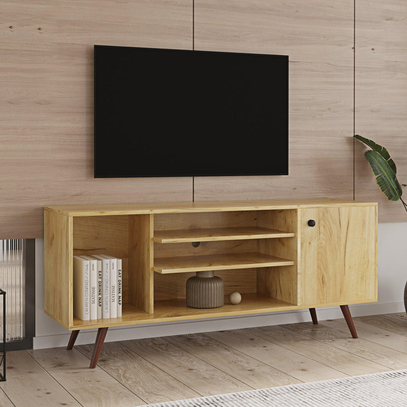 Mid-Century TV Stand for TVs up to 60 Inches, Entertainment Center with OpenStorage Shelves & Cabinet,Modern TV Console for Living Room, Rustic Oak.