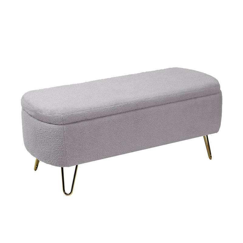 GreyStorage Ottoman Bench for End of Bed Gold Legs,Modern Grey Faux Fur Entryway Bench Upholstered Padded withStorage for Living Room Bedroom