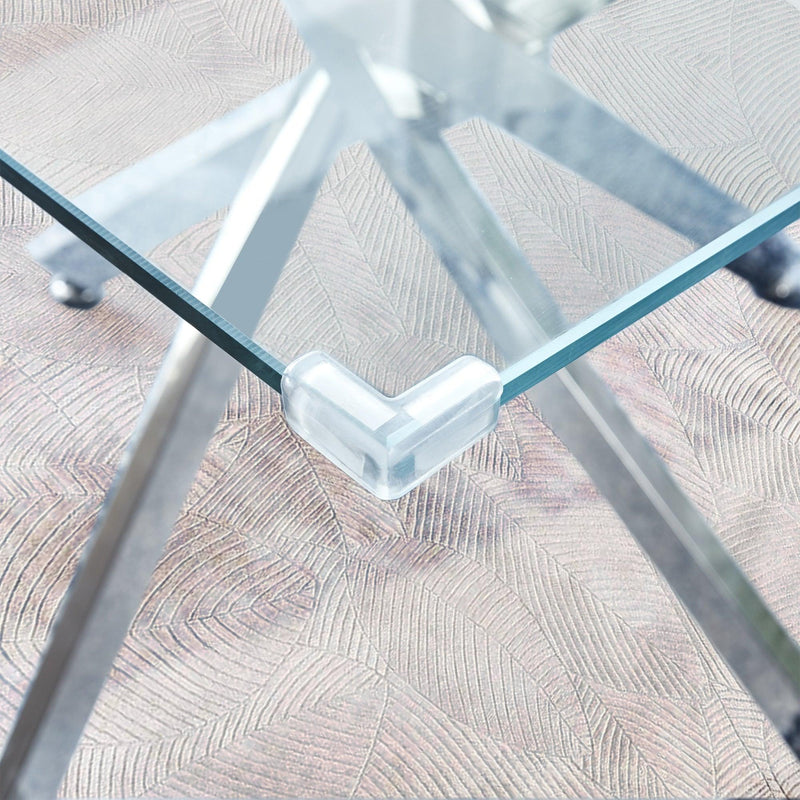 Contemporary Square Clear Dining Tempered Glass Table with Silver Finish Stainless Steel Legs