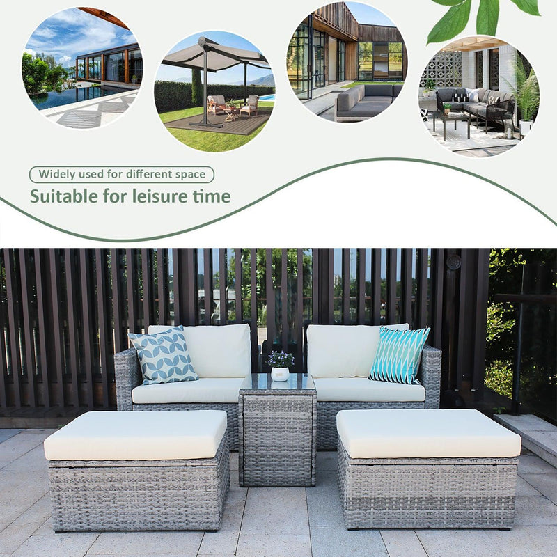 5 Pieces Outdoor Patio Wicker Sofa Set Grey Rattan and Beige Cushion with Weather Protecting Cover - Urban Living Furniture (Los Angeles, CA)