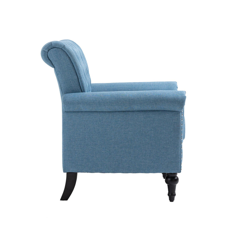Mid-CenturyModern Accent Chair, Linen Armchair w/Tufted Back/Wood Legs, Upholstered Lounge Arm Chair Single Sofa for Living Room Bedroom,Light Blue