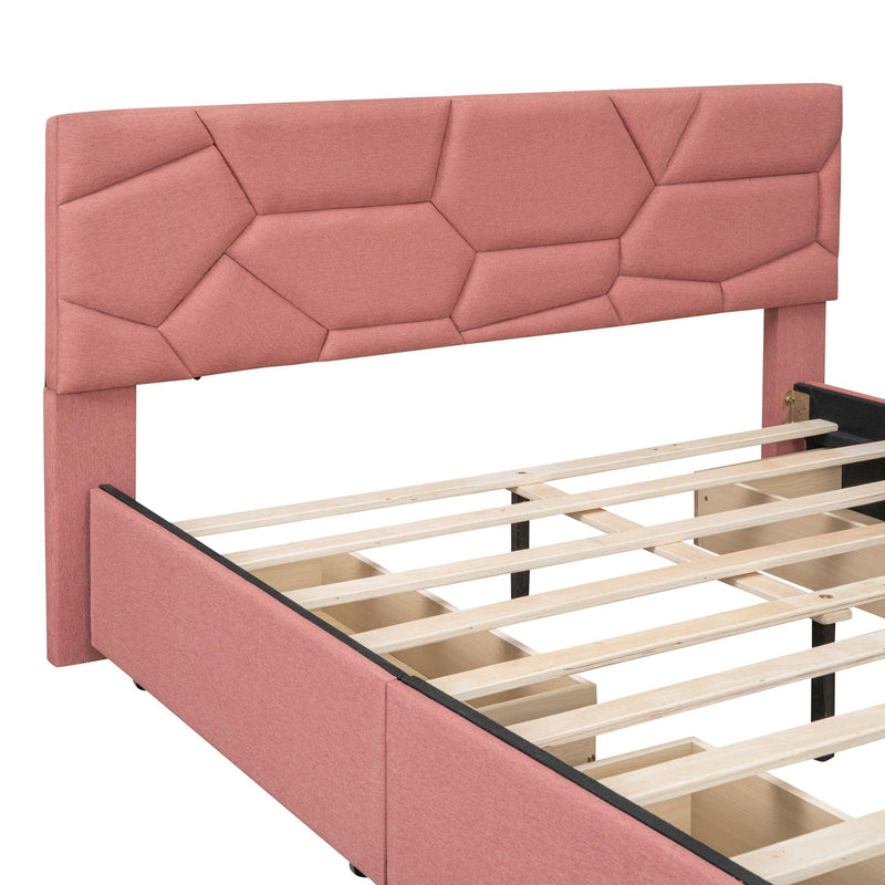 Queen Size Upholstered Platform Bed with Brick Pattern Heardboard and 4 Drawers, Linen Fabric, Pink - Urban Living Furniture (Los Angeles, CA)