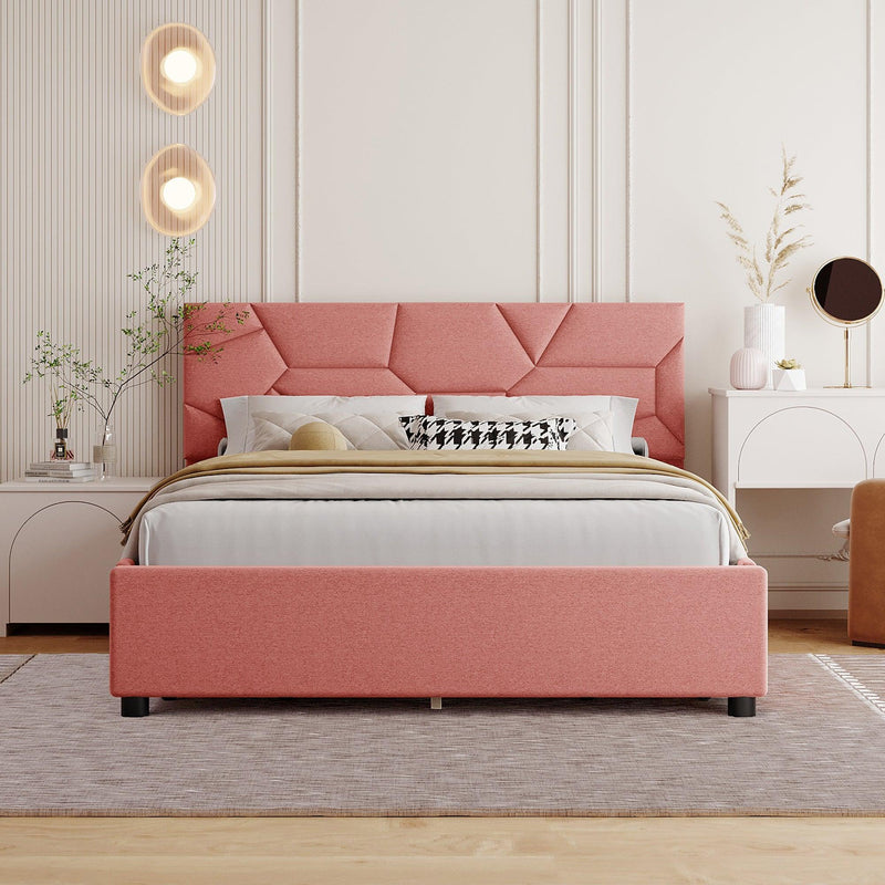 Full Size Upholstered Platform Bed with Brick Pattern Heardboard and 4 Drawers, Linen Fabric, Pink - Urban Living Furniture (Los Angeles, CA)