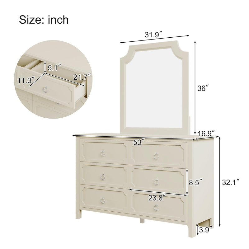 6 Pieces Bedroom Sets Milky White Solid Rubber Wood Queen Size Platform Bed with Nightstand*2, Chest, Mirror and Dresser