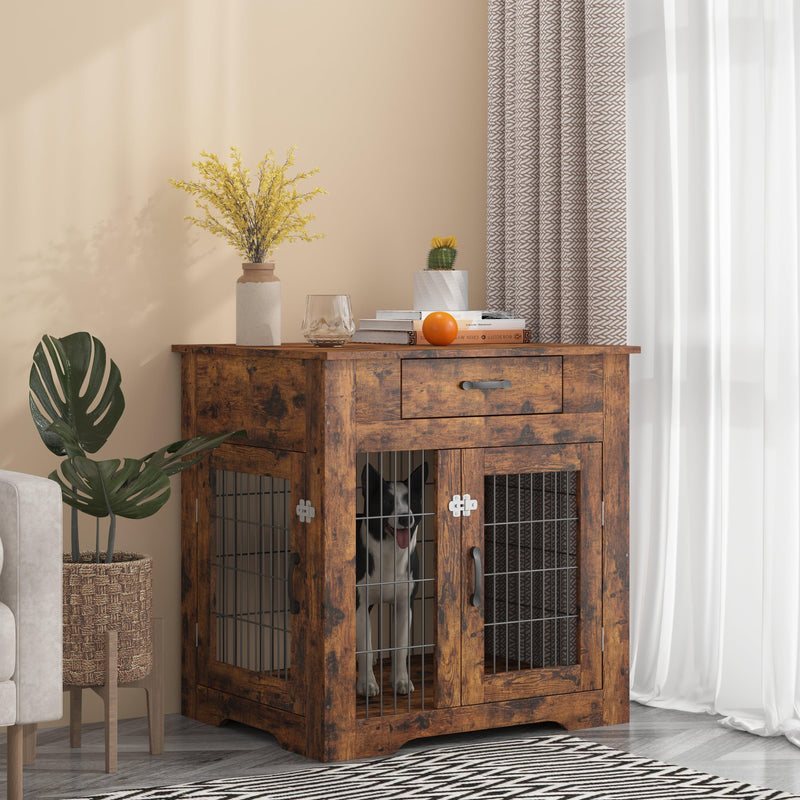 Furniture Style Dog Crate End Table with Drawer, Pet Kennels with Double Doors , Dog House Indoor Use, （Rustic Brown，29.92”w x 24.80”d x 30.71”h） - Urban Living Furniture (Los Angeles, CA)