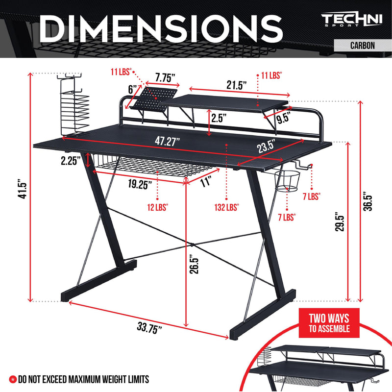 Techni Sport TS-200 Carbon Computer Gaming Desk with Shelving, Black - Urban Living Furniture (Los Angeles, CA)