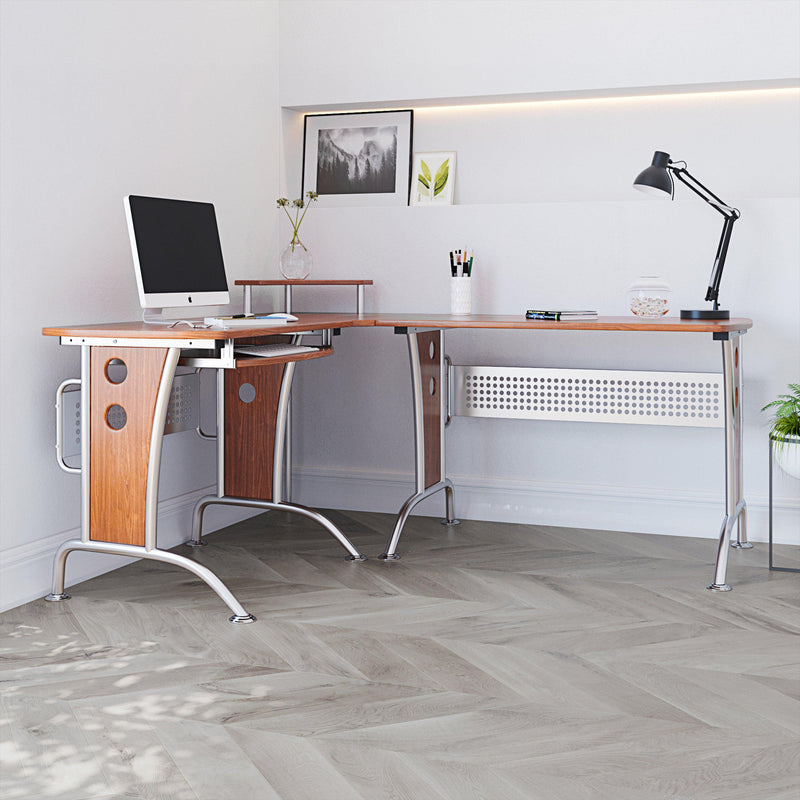 Techni Mobili Deluxe L-Shaped Computer Desk With Pull Out Keyboard Panel, Mahogany - Urban Living Furniture (Los Angeles, CA)