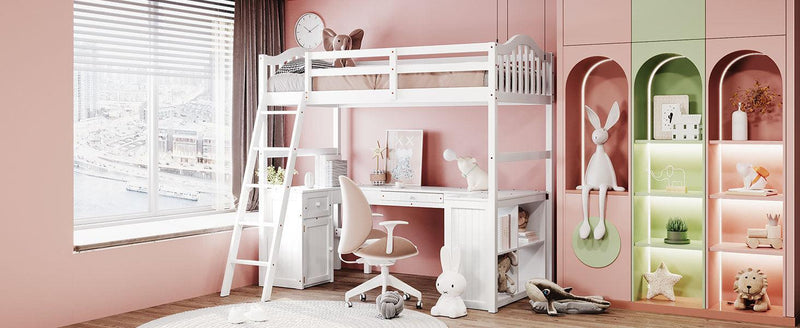 Twin size Loft Bed with Drawers, Cabinet, Shelves and Desk, Wooden Loft Bed with Desk - White - Urban Living Furniture (Los Angeles, CA)