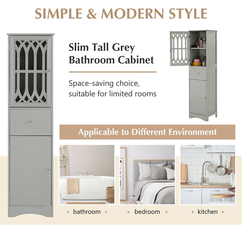 Tall Bathroom Cabinet, FreestandingStorage Cabinet with Drawer and Doors, MDF Board, Acrylic Door, Adjustable Shelf, Grey - Urban Living Furniture (Los Angeles, CA)