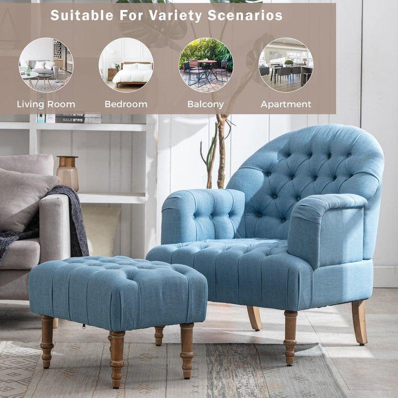 Accent Chair,Button-Tufted Upholstered Chair Set ,Mid CenturyModern Chair with Linen Fabric and Ottoman for Living Room Bedroom Office Lounge,Blue