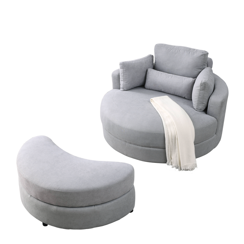 Swivel Accent BarrelModern Grey Sofa Lounge Club Big Round Chair withStorage Ottoman Linen Fabric for Living Room Hotel with Pillows - Urban Living Furniture (Los Angeles, CA)