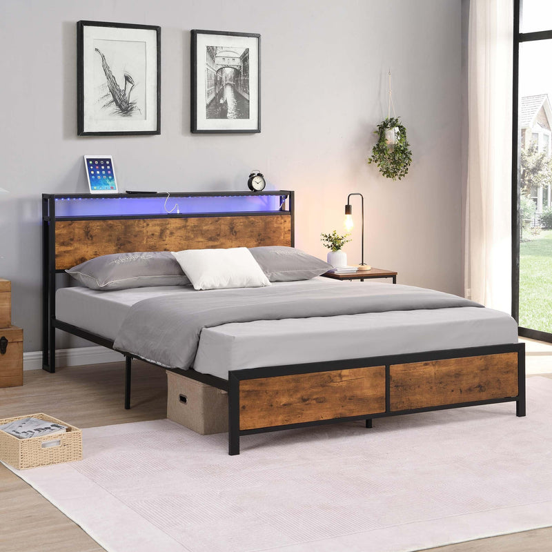 Industrial Full Bed Frame with LED Lights and 2 USB Ports, Bed Frame Full Size withStorage, Noise Free, No Box Spring Needed, Rustic Brown - Urban Living Furniture (Los Angeles, CA)