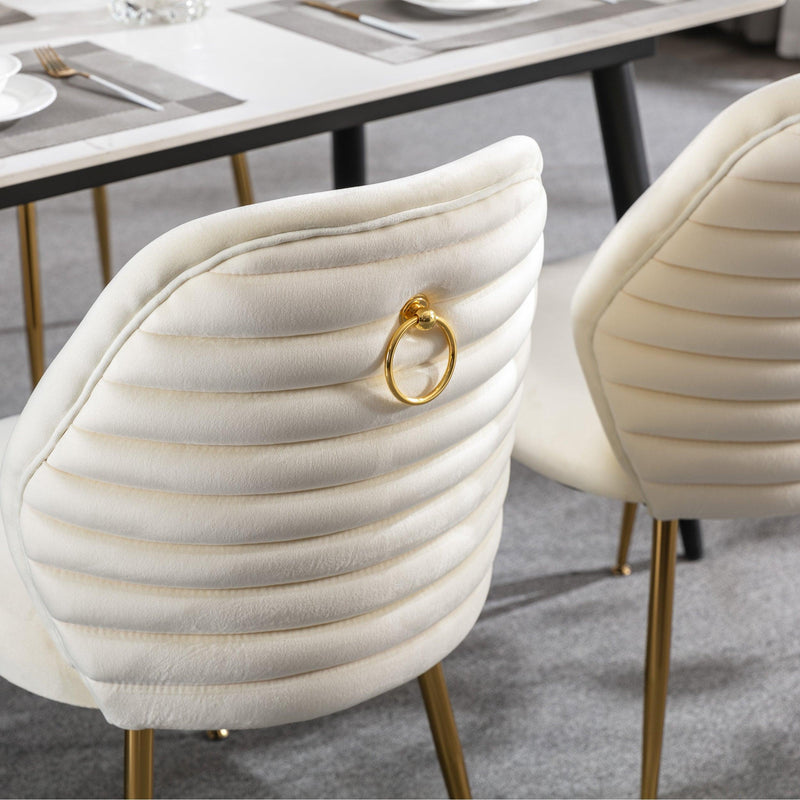 Modern Dining Chair Set of 2, Woven Velvet Upholstered Side Chairs with Barrel Backrest and Gold Metal Legs, Accent Chairs for Living Room Bedroom,Cream - Urban Living Furniture (Los Angeles, CA)