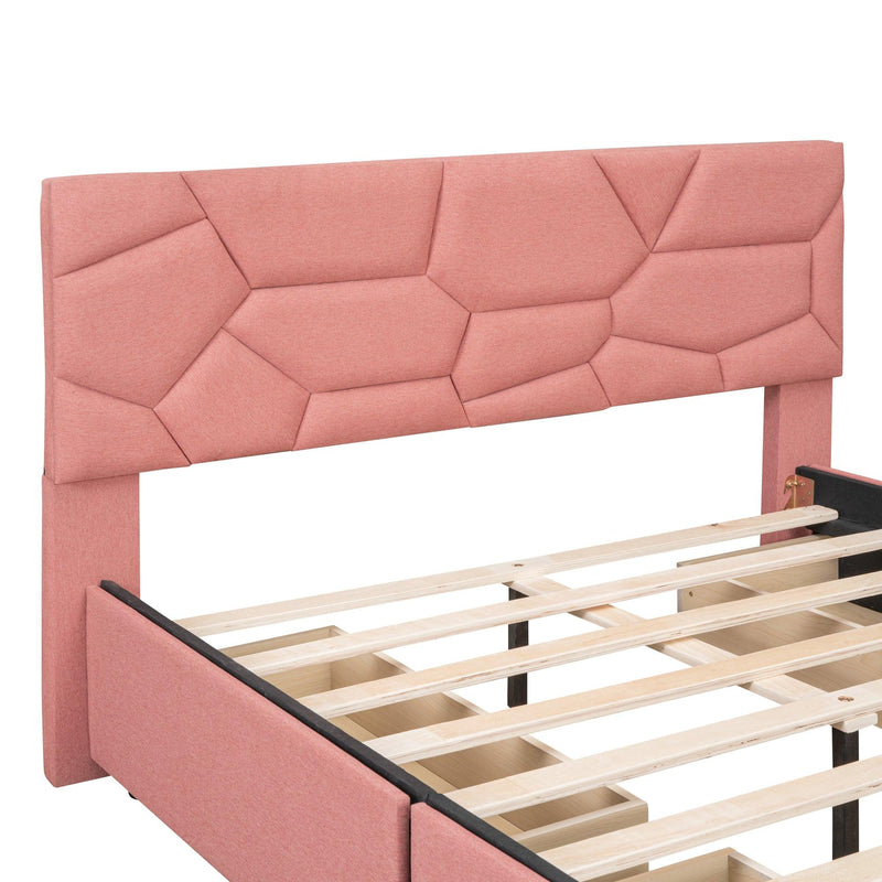 Full Size Upholstered Platform Bed with Brick Pattern Heardboard and 4 Drawers, Linen Fabric, Pink - Urban Living Furniture (Los Angeles, CA)