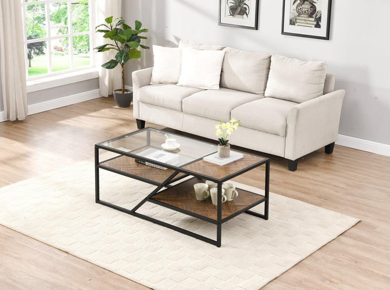 Black Coffee Table withStorage Shelf, Tempered Glass Coffee Table with Metal Frame for Living Room&Bedroom - Urban Living Furniture (Los Angeles, CA)