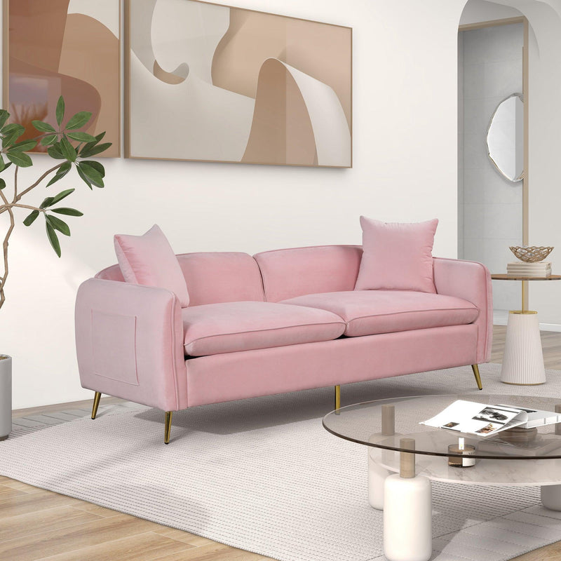 77.5" Velvet Upholstered Sofa with Armrest Pockets,3-Seat Couch with 2 Pillows and lden Metal Legs for Living Room,Apartment,Home Office,Pink - Urban Living Furniture (Los Angeles, CA)