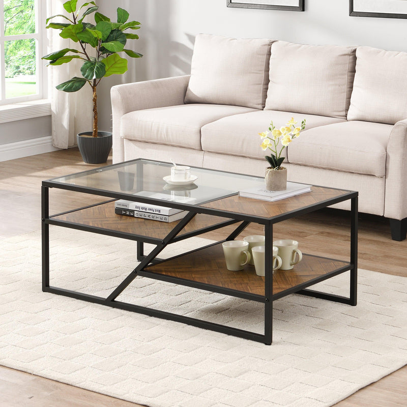 Black Coffee Table withStorage Shelf, Tempered Glass Coffee Table with Metal Frame for Living Room&Bedroom - Urban Living Furniture (Los Angeles, CA)