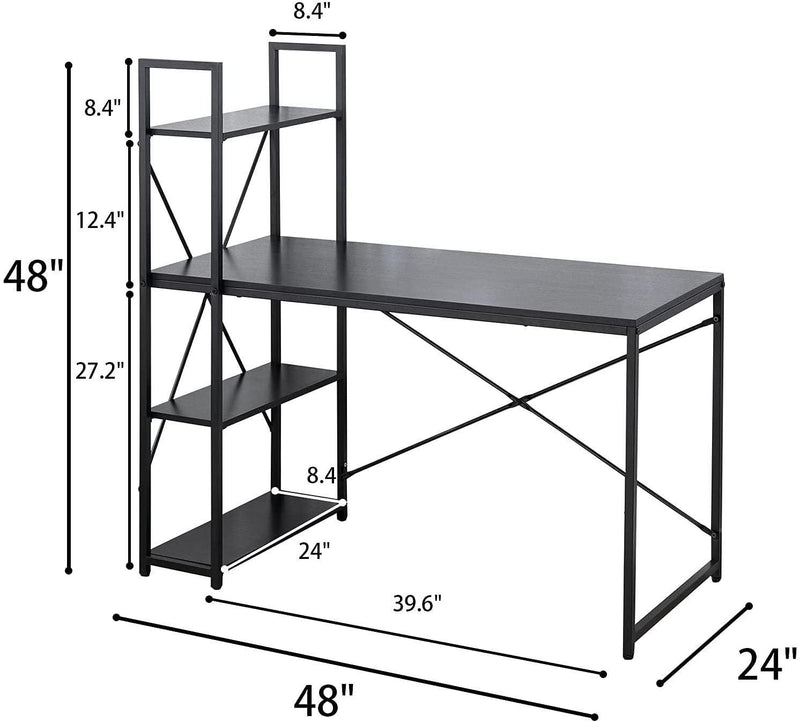 Computer Desk 48" withStorage Shelves Student Study Writing Table for Home OfficeModern Simple Style PC Laptop Table Rustic Black Metal Frame Black - Urban Living Furniture (Los Angeles, CA)