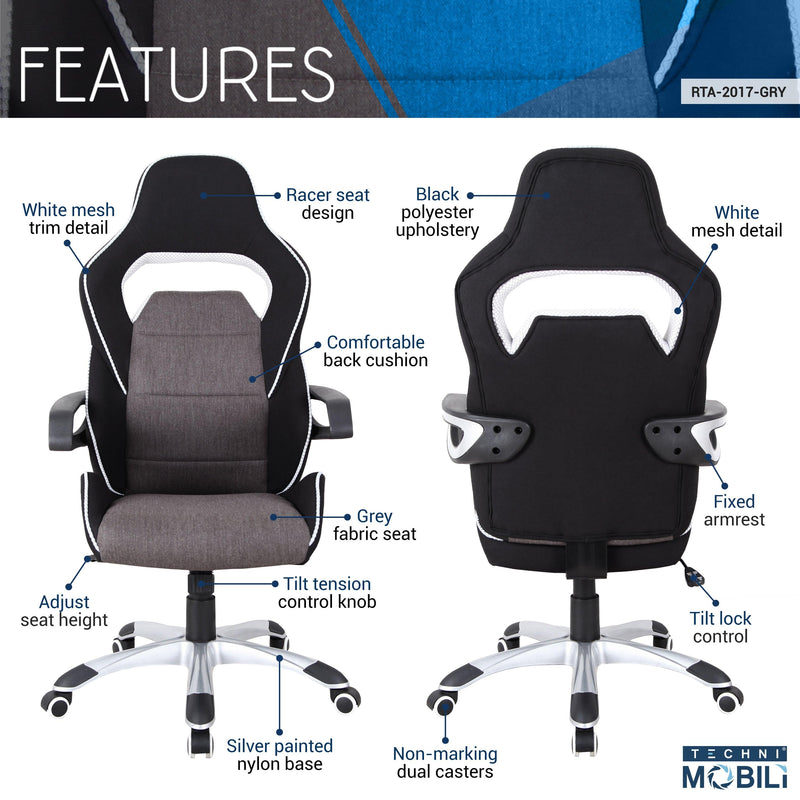 Techni Mobili Ergonomic Upholstered Racing Style Home & Office Chair, Grey/Black
