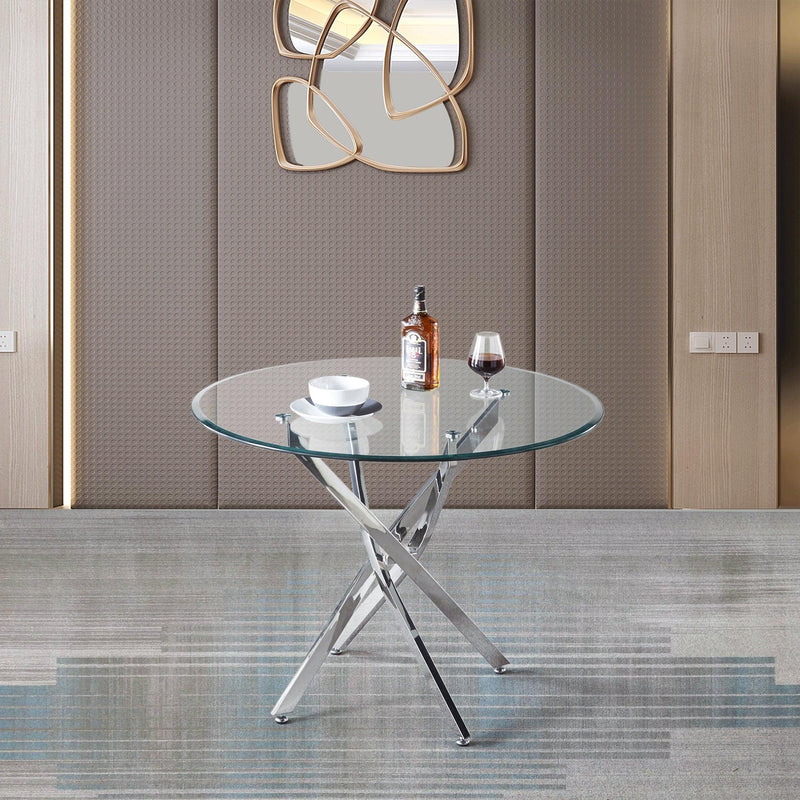 Contemporary Round Clear Dining Tempered Glass Table with Silver Finish Stainless Steel Legs