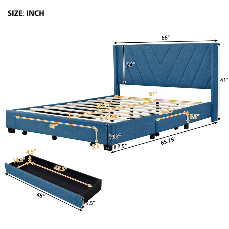 Queen SizeStorage Bed Linen Upholstered Platform Bed with 3 Drawers (Blue) - Urban Living Furniture (Los Angeles, CA)