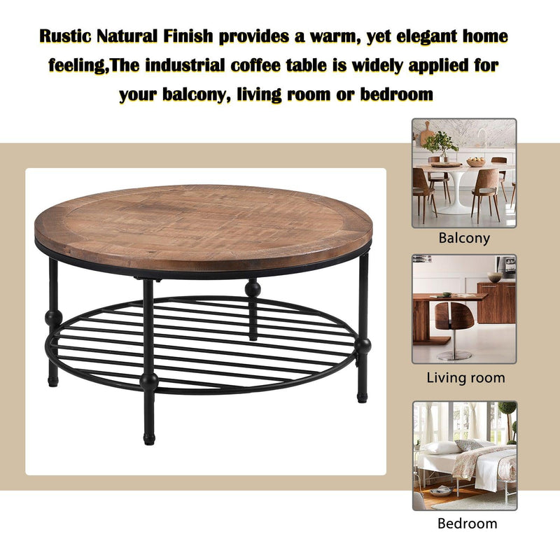 Rustic Natural Round Coffee Table withStorage Shelf for Living Room, Easy Assembly  (Round)
