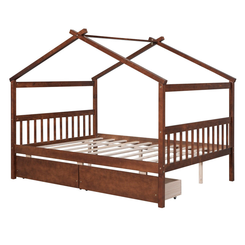 Full Size Wooden House Bed with Drawers, Walnut