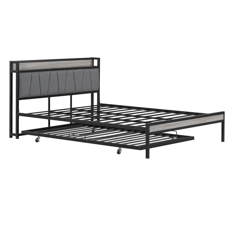 Queen Size Metal Platform Bed Frame with Twin size trundle, Upholstered headboard ，Sockets, USB Ports and Slat Support ,No Box Spring Needed，Black - Urban Living Furniture (Los Angeles, CA)