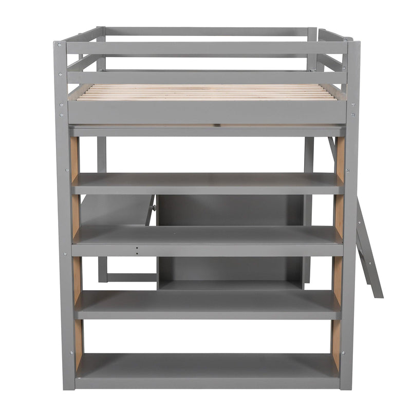 Full Size Loft Bed with Ladder, Shelves, and Desk, Gray - Urban Living Furniture (Los Angeles, CA)