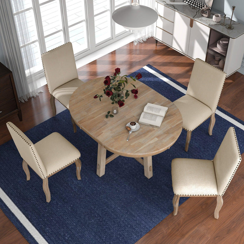 5-Piece Farmhouse Dining Table Set Wood Round Extendable Dining Table and 4 Upholstered Dining Chairs (Natural Wood Wash) - Urban Living Furniture (Los Angeles, CA)